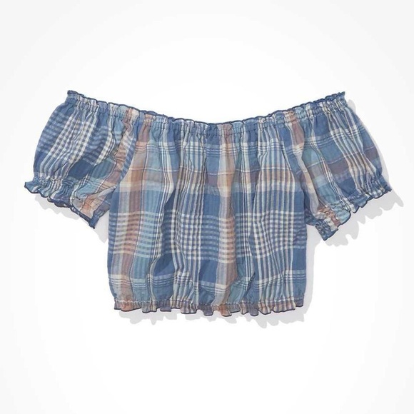 AEO 🦅 Off Shoulder Plaid Puff Sleeve Crop Top - Picture 8 of 15